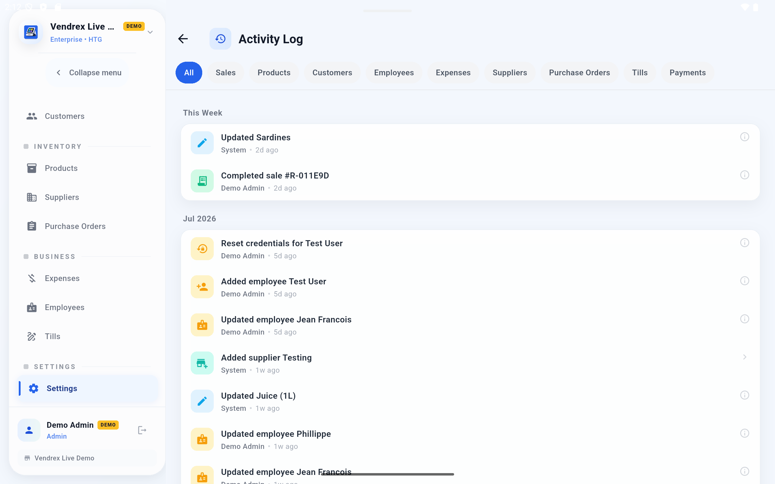Vendrex activity log showing recent actions with timestamps and categories