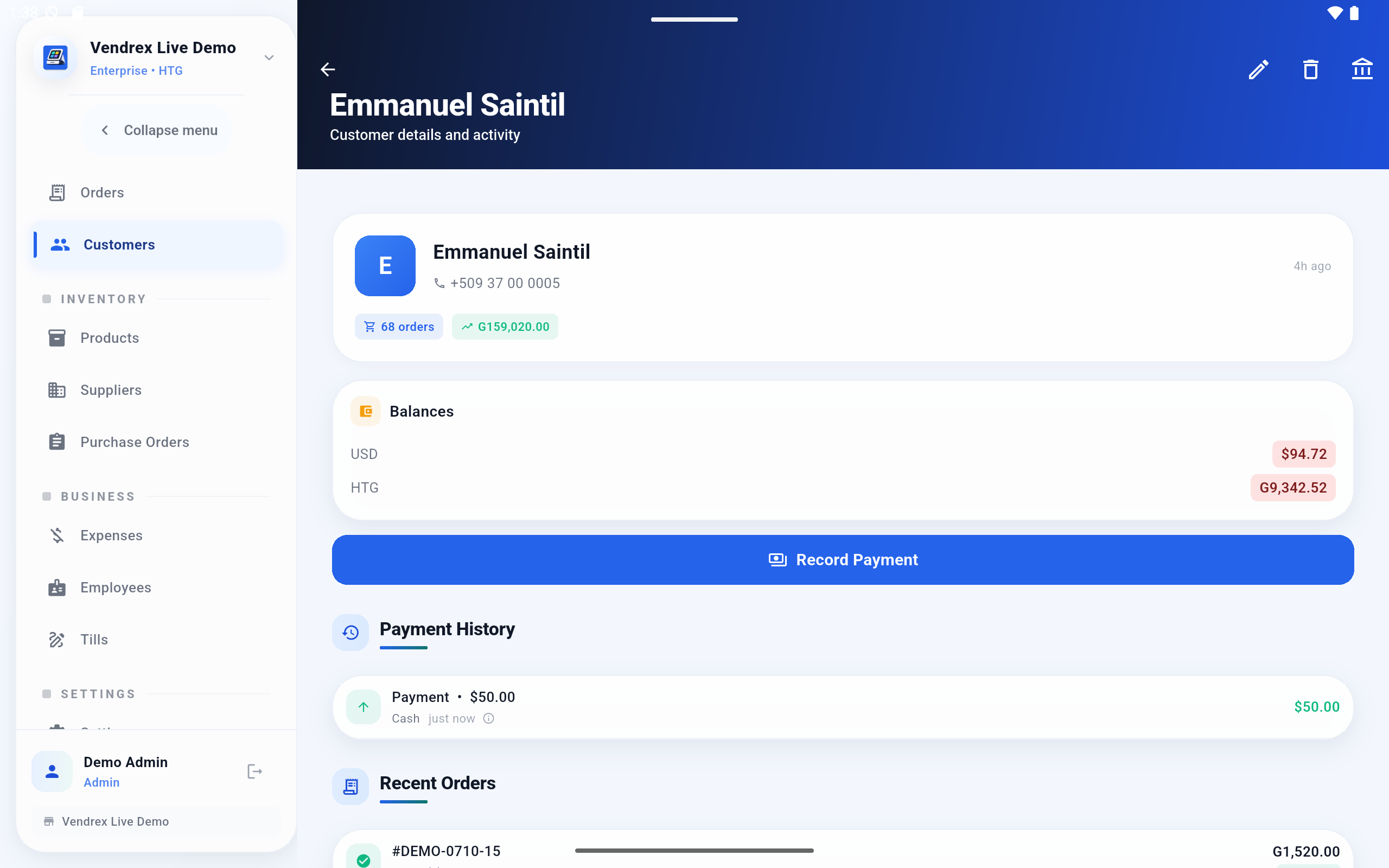 Perfil de cliente Vendrex con saldo e historial