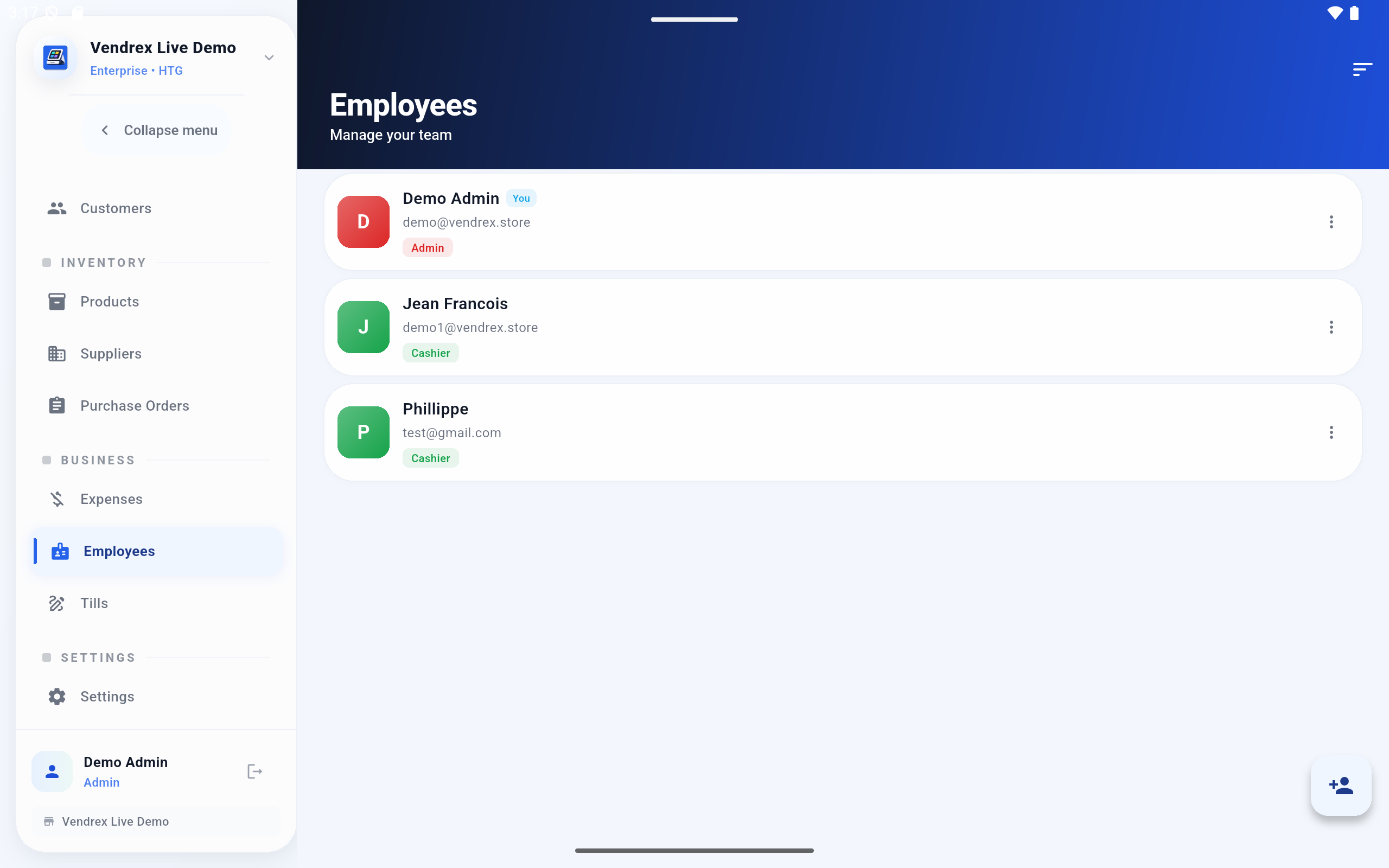 Gestión de empleados de Vendrex con roles y turnos