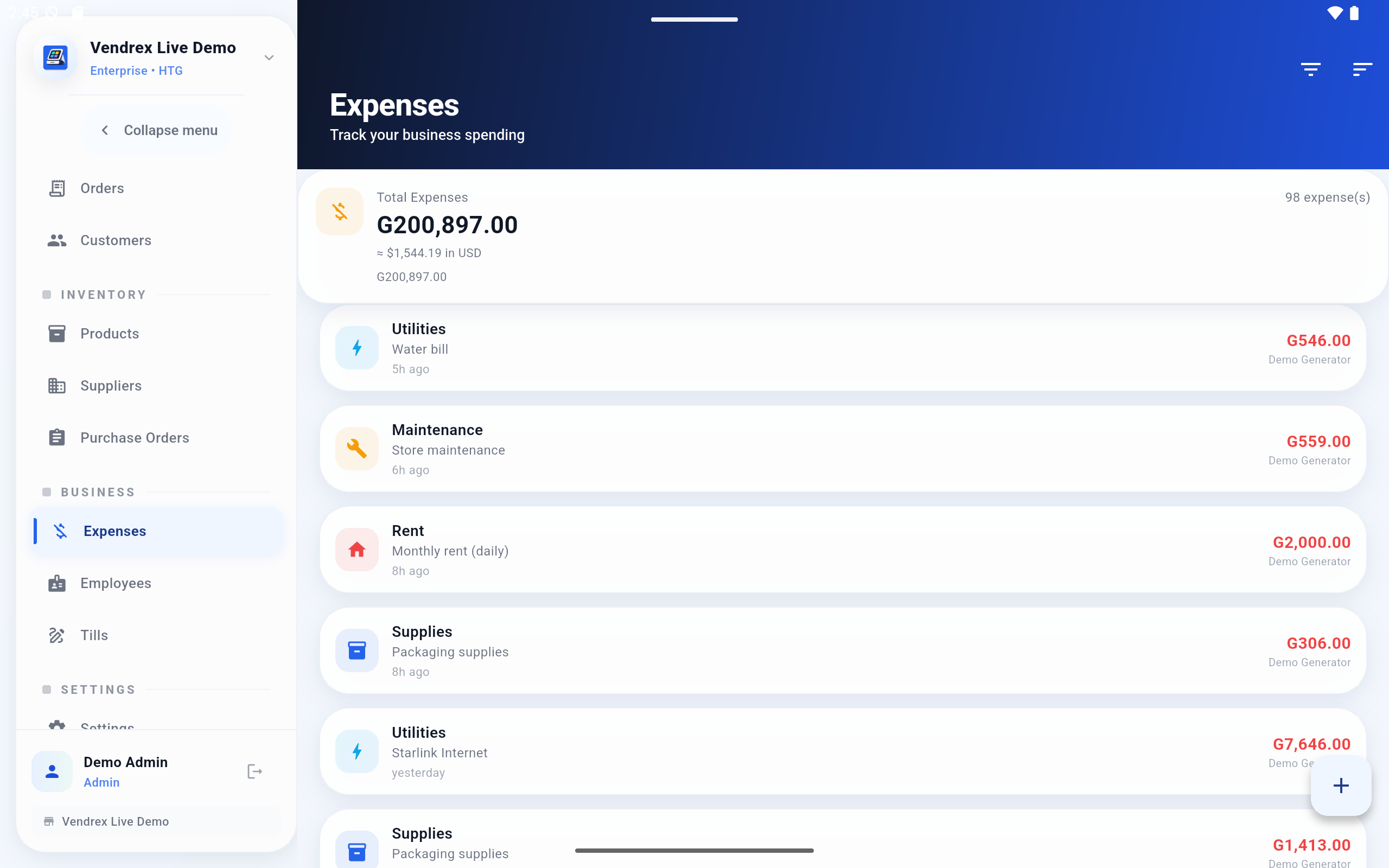 Pantalla de seguimiento de gastos de Vendrex con categorías