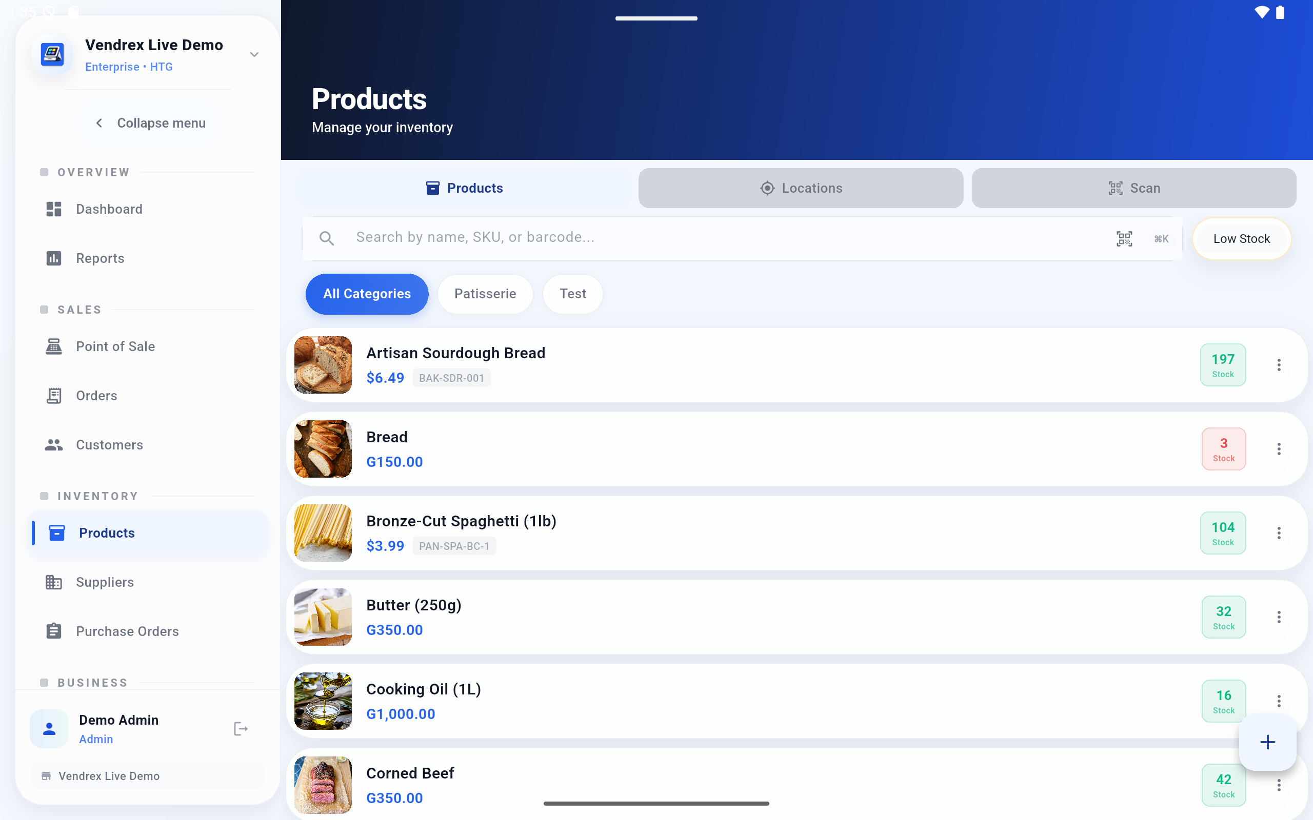 Lista de productos de gestión de inventario Vendrex