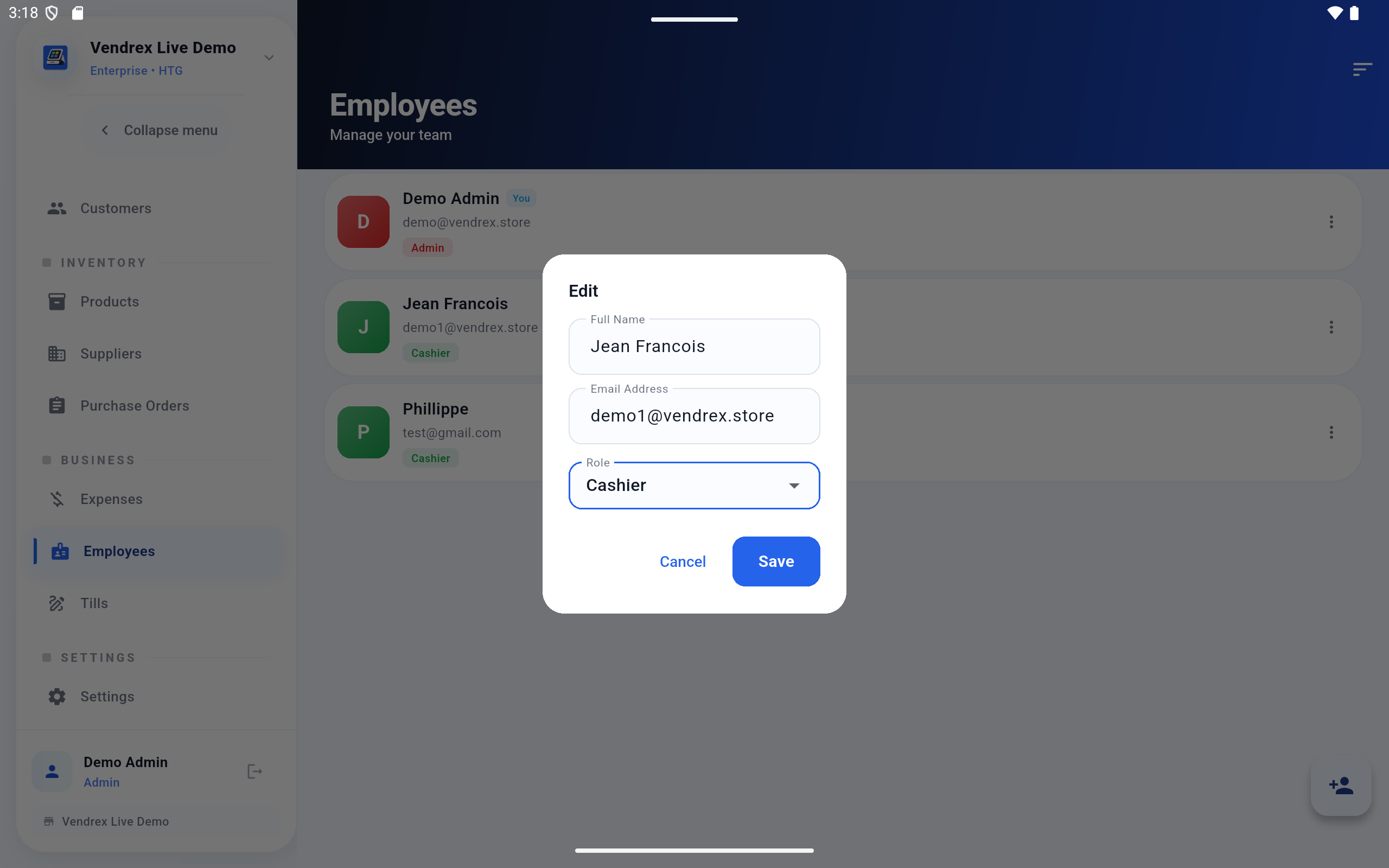 Configuración de permisos basados en roles de Vendrex
