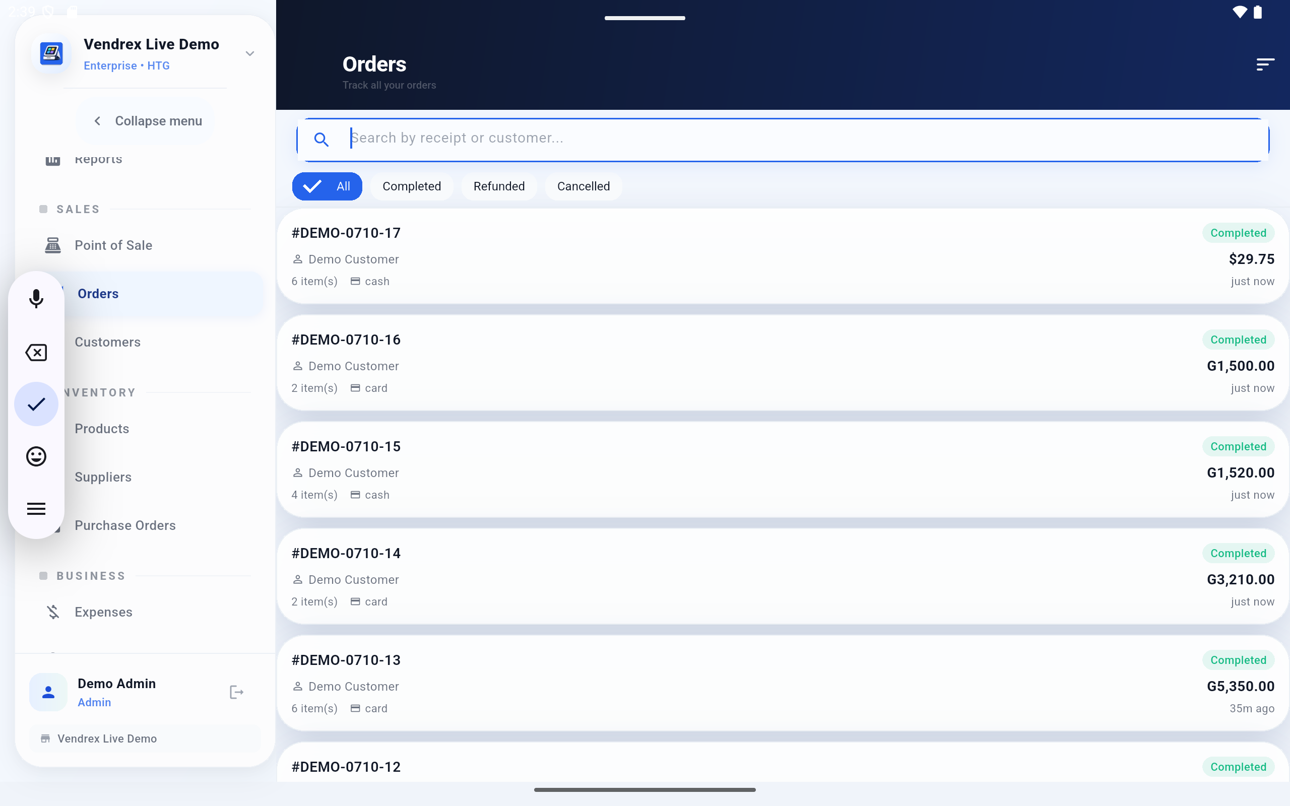 Registro de transacciones del historial de ventas de Vendrex